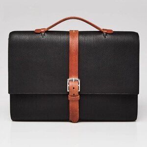 Hermes 38cm Black Fjord Leather Palladium Plated Etriviere Meeting Briefcase Bag